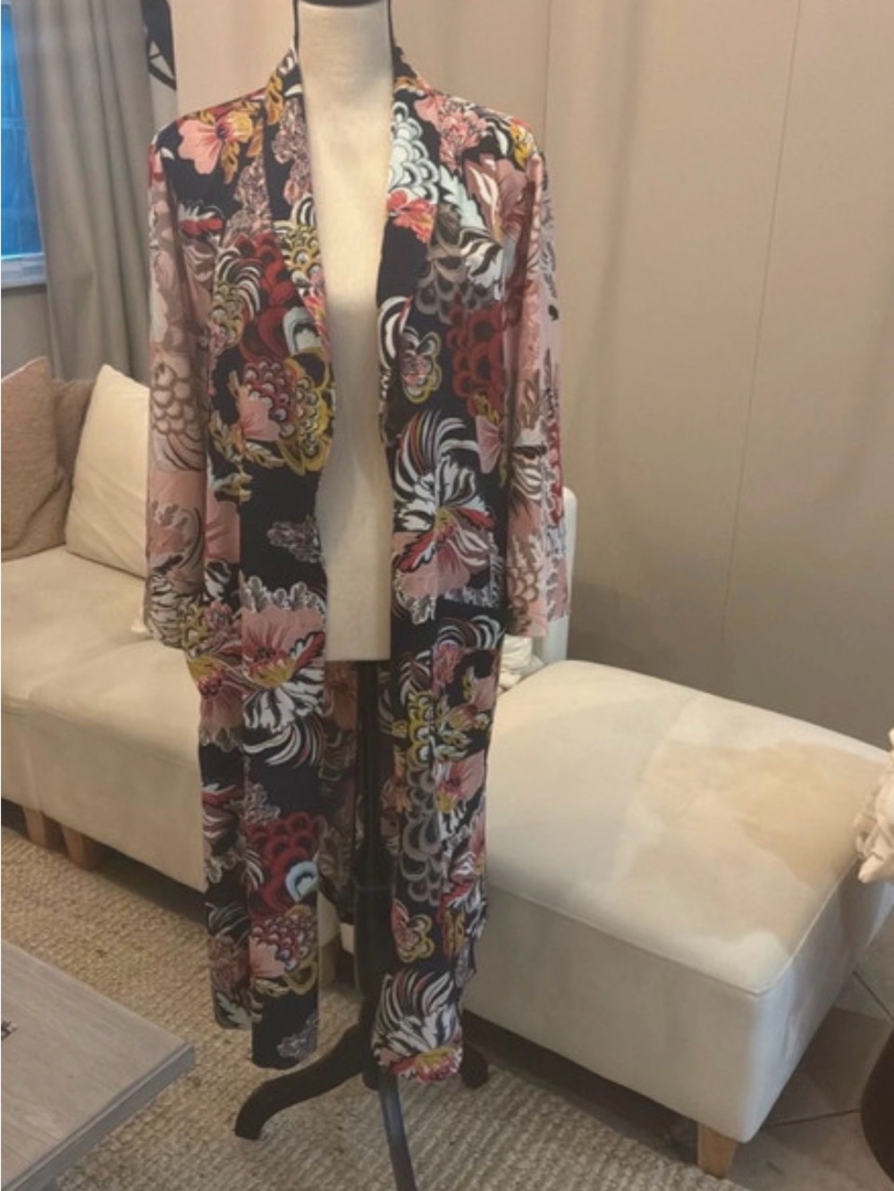 Floral Long Kimono Duster - Black & Pink